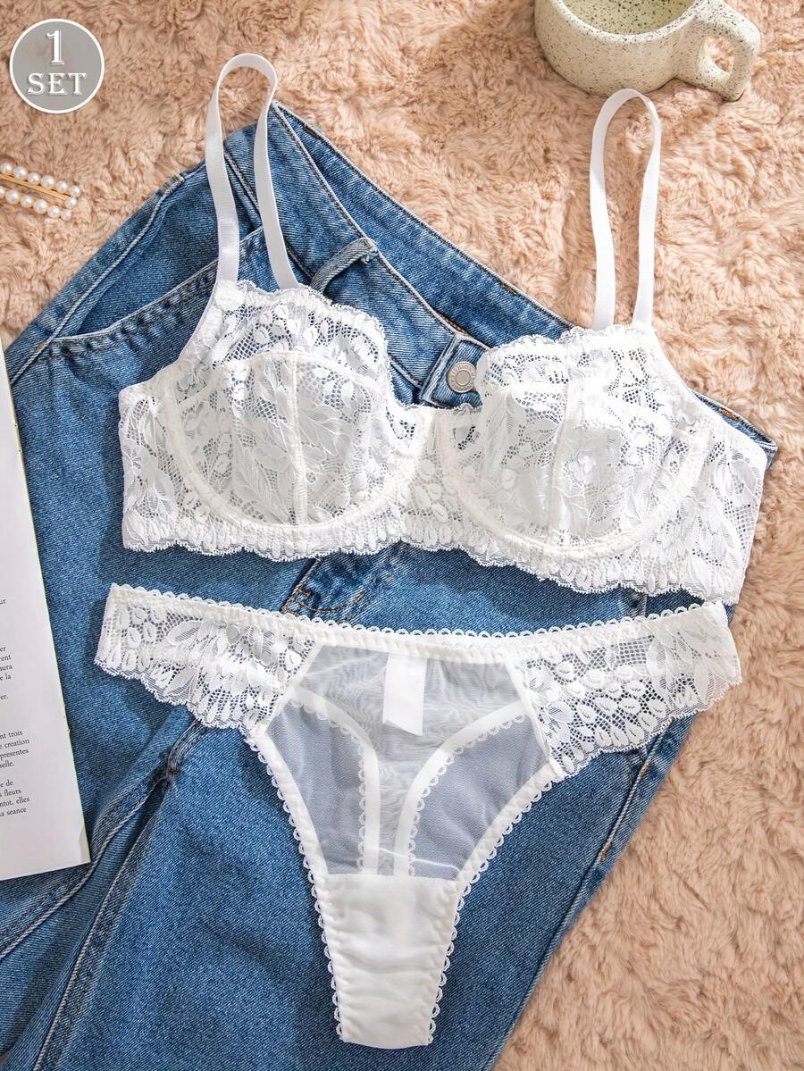 Sheer Bra Lace - White Lace Bra and Panty Set