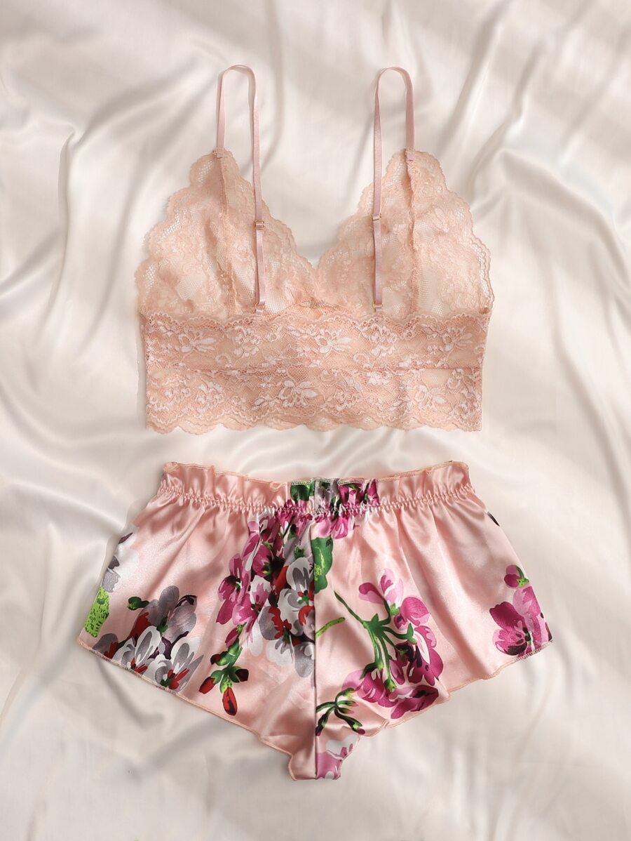 Pink Floral Lace Bralette and  - Lace Bralette Set reseña y precio