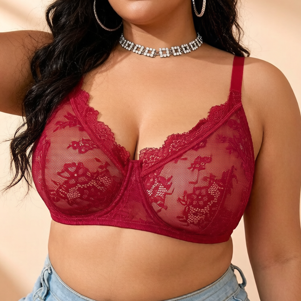 Women Plus Size Red Lace Sheer - Full Coverage Bra reseña y precio