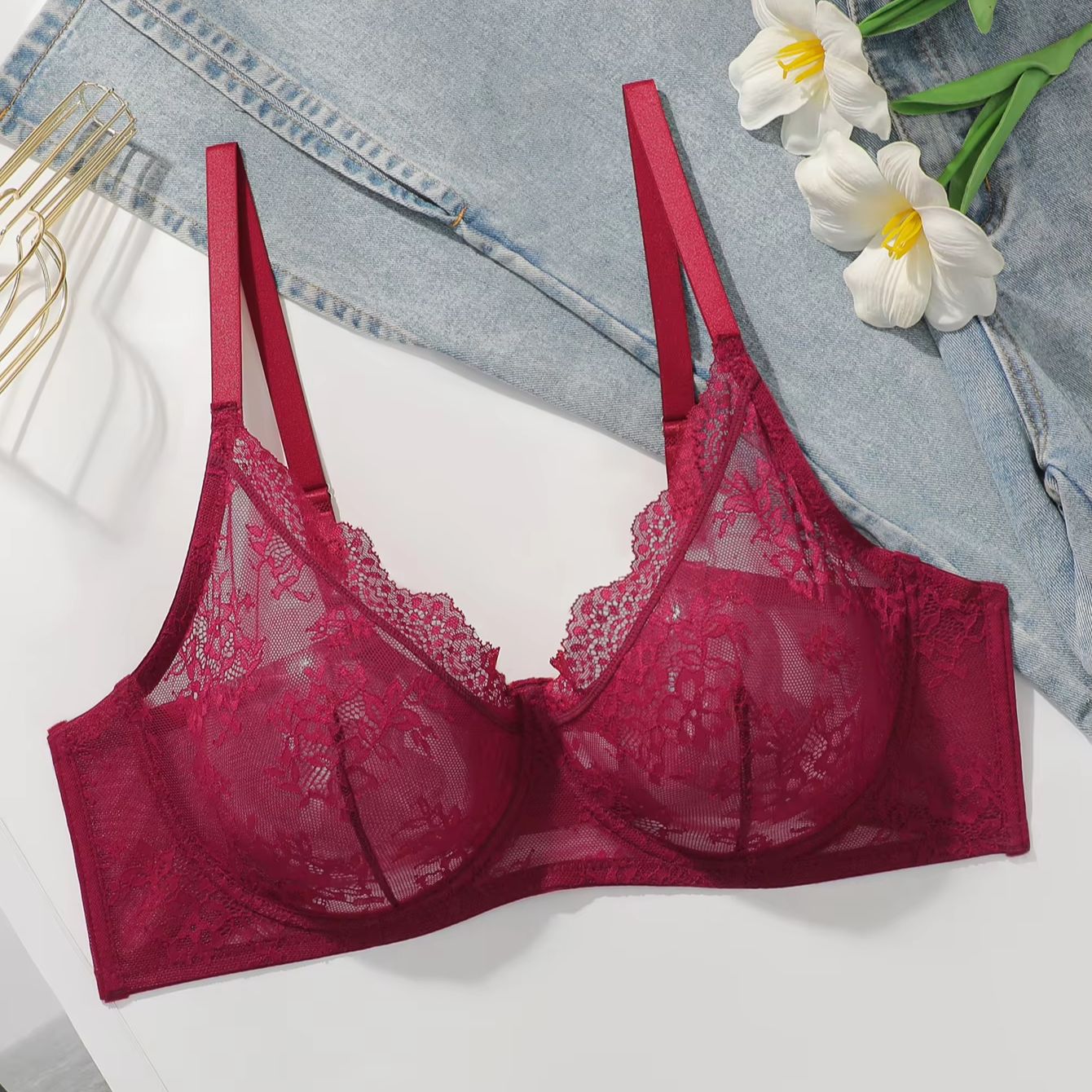 Women Plus Size Red Lace Sheer - Full Coverage Bra reseña y precio