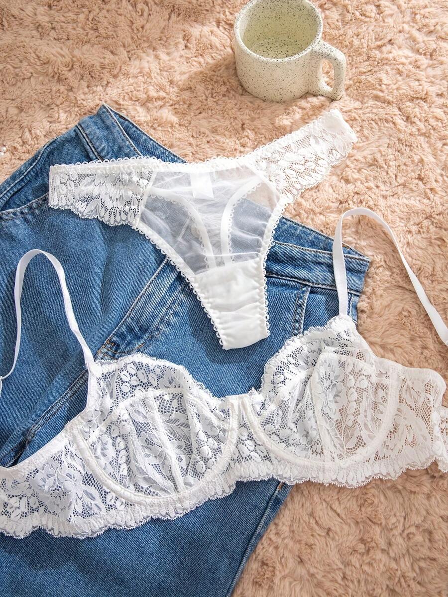 White Lace Bra and Panty Set w - Sheer Bra Lace reseña y precio