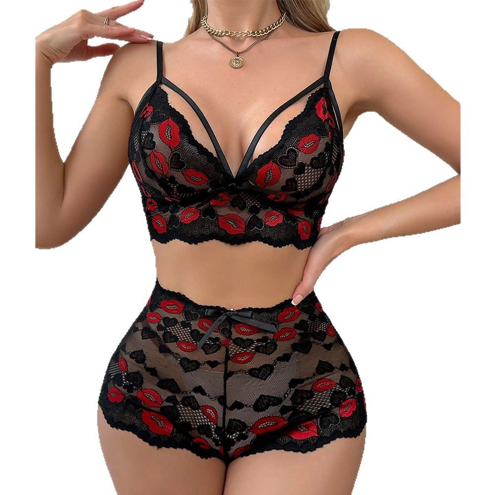 Babydoll Lingerie Set Red Lips - Sheer Mesh Bra reseña y precio